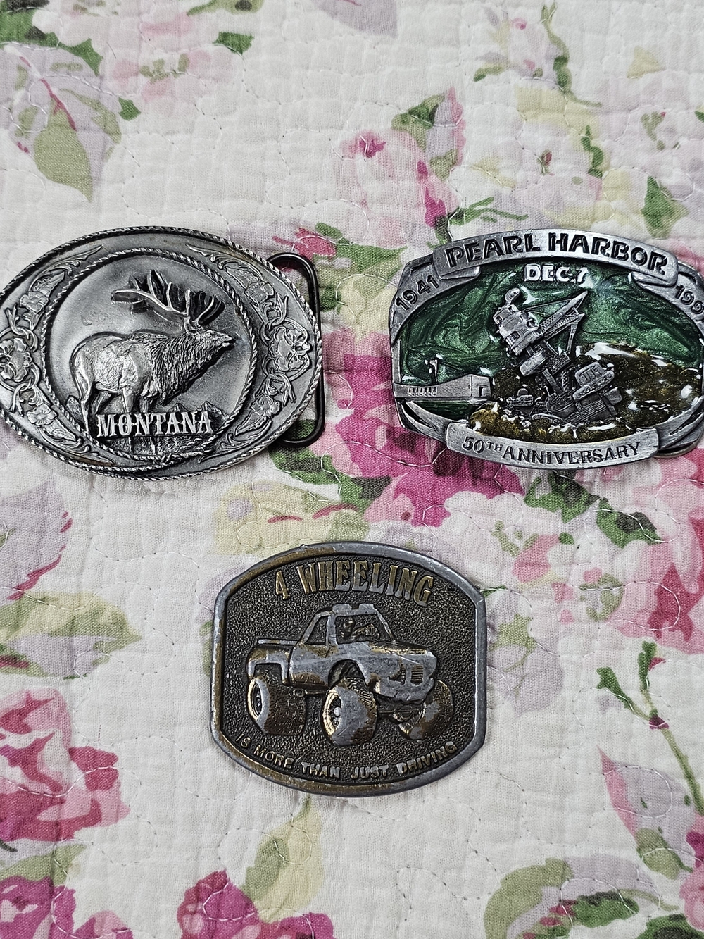 Vintage Brass Works Lot 3 Belt Buckles Elk Montana Pearl Harbor 4 Wheeling